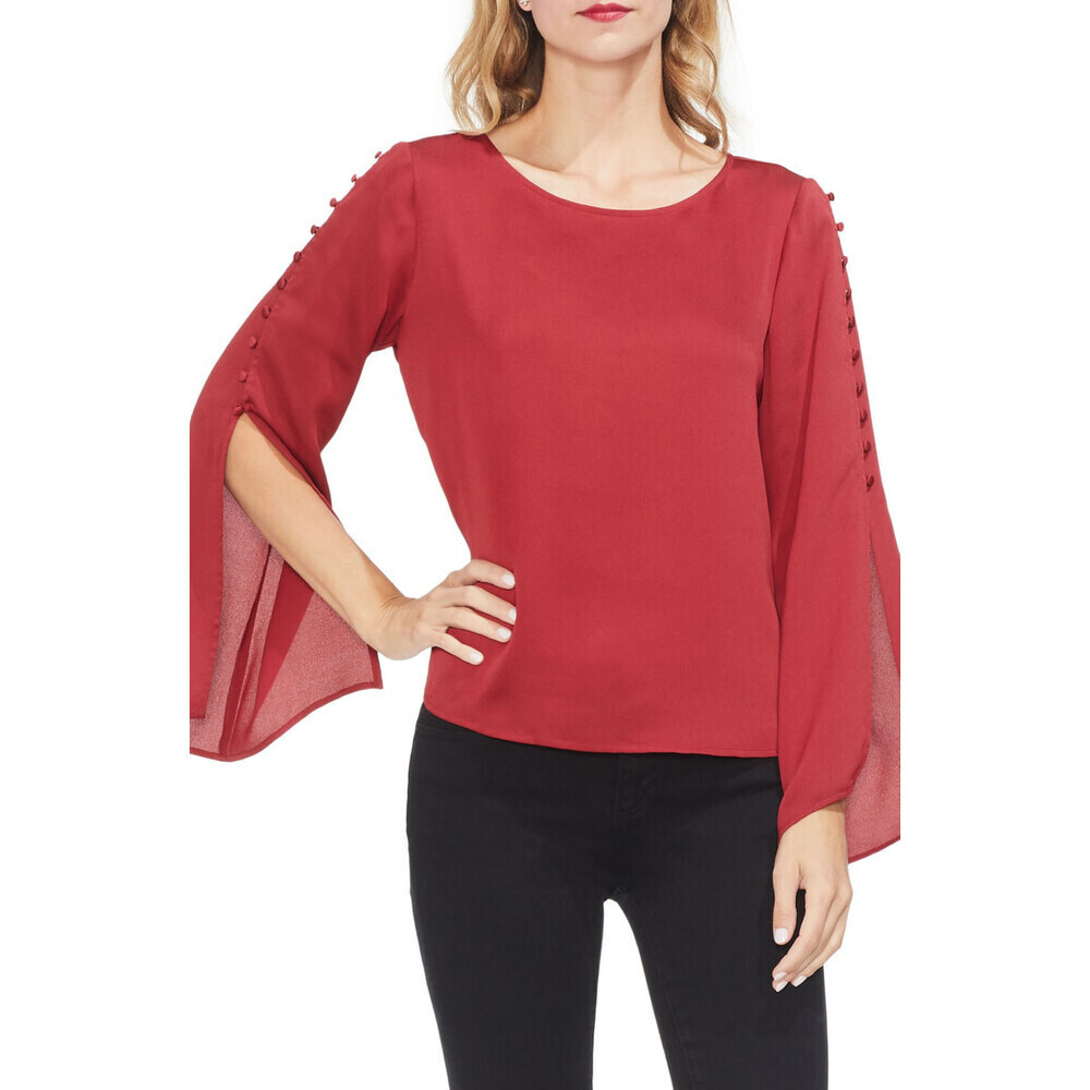 Vince Camuto Claret Button Bell Sleeve Hammer Satin Top Red Size XS $125